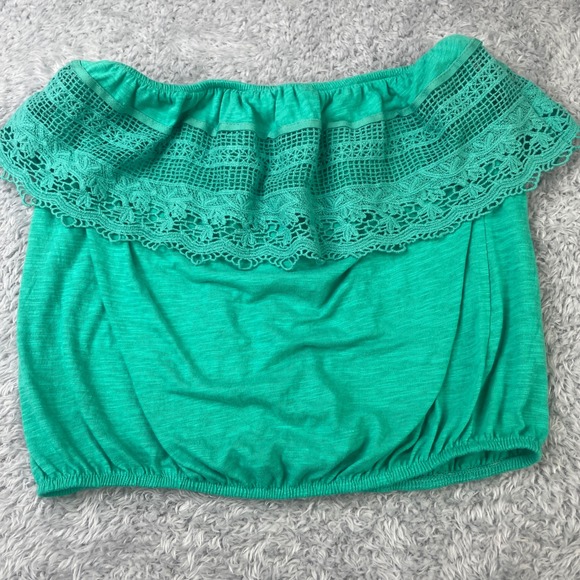 Wet Sea Tops - Wet Seal Tube Top Womens L Green Crochet Lace Ruffle Cotton Coquette Boho